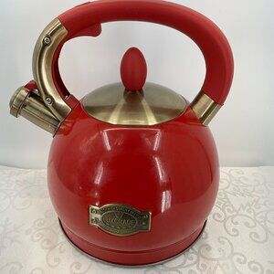 Luxgrace Red Stainless Steel Whistling Tea Kettle With Brass Accents